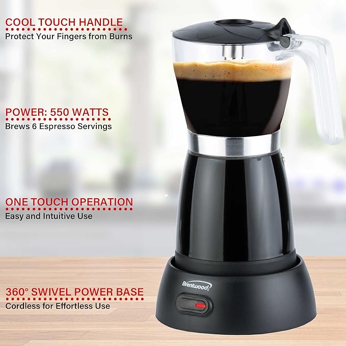 Brentwood TS-119BK 550-Watt Cordless Electric Moka Pot Espresso Machine, 6-Servings (Black)