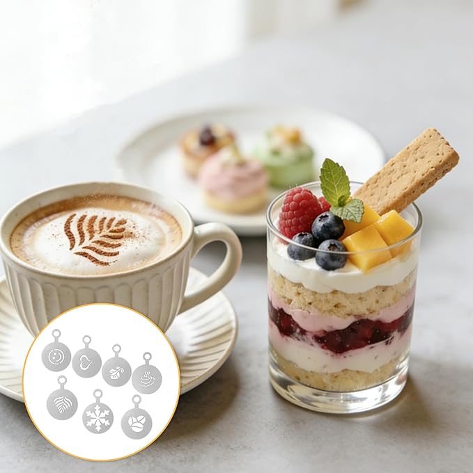 7PCS Coffee Stencils Latte Art, Stainless Steel Reusable Metal Coffee Stencils with Various Patterns for Cappuccino Cake Cookie Decorating Home and Cafe Use (Silver)