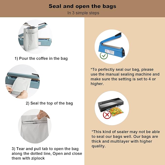 8 Ounces/50 Pieces White Coffee Bags, High Barrier Coffee Pouches with Degassing Valve, Resealable Coffee Storage Bags with Ziplock & Pull Tape (8oz/0.5lb/250gram, Pack of 50)