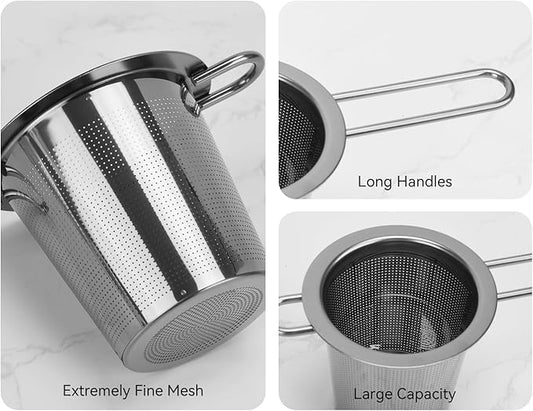 2pcs Tea Infuser, Stainless Steel Tea Strainer Fine Mesh Tea Diffuser with Double Long Handles Loose Leaf Tea Steeper for Mugs Cups Teapots (Silver)