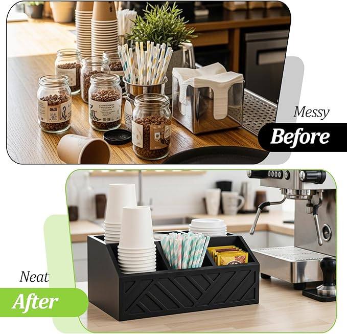 Kifmurase Black Coffee Station Organizer for Counter, Wood Coffee Pods Holder Storage Basket with 5 Compartments, Coffe and Tea Condiment Basket Storage Organizer, Farmhouse Bar Accessories Decor