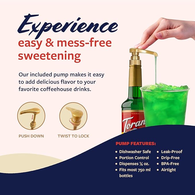 Torani Green Apple Syrup for Drinks, Flavoring for Sodas and Cocktails, Glass Bottle with Pump Included, 25.4 Fl Oz