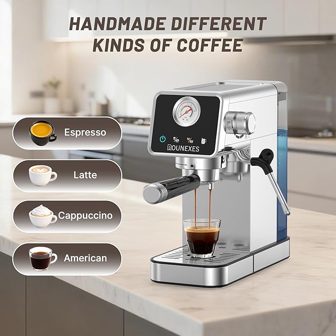 Espresso Machine 20 Bar, Compact Espresso Machine with Milk Frother, Stainless Steel Espresso Maker with Pressure Gauge, 37.2Oz Removable Water Tank for Cappuccino, Latte, Americano