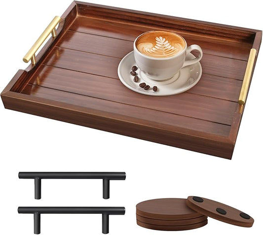 Ottoman Tray, Large Wooden Serving Tray with 2 Sets of Handles for Coffee Table, Rustic Living Room Kitchen Decor, 4 Round Coasters Included, Dark Brown