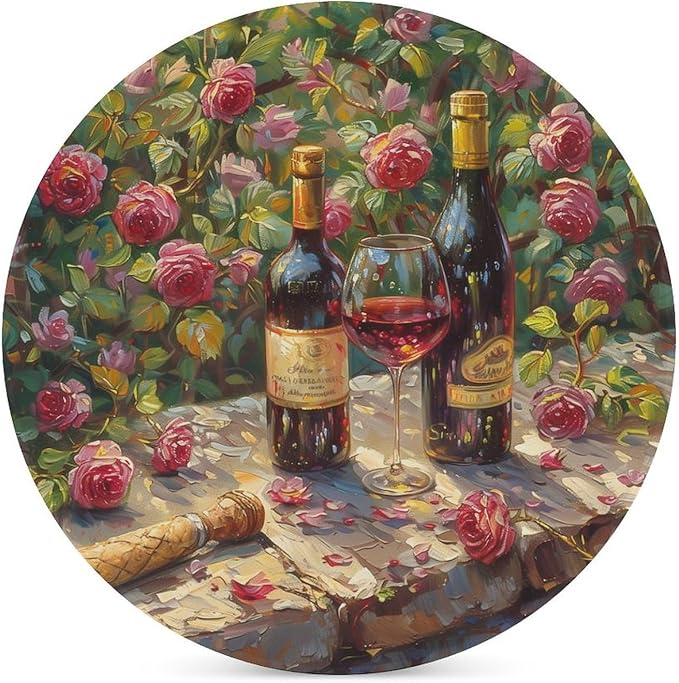 Red Wine Drink Coasters, Round Ceramic Drink Coaster Round-6PCS, Oil Painting Style Red Wine Floral Rose Flower Pattern Decor Absorbent Ceramic Coasters for Beverage Cup, Bar, Coffee Table