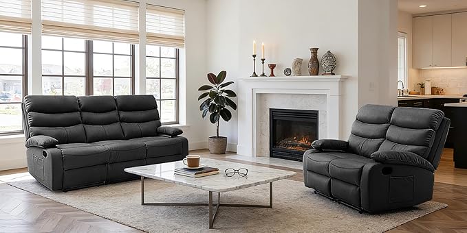 Reclining Couch Sofa Set Leather Recliner Couch Sofa and Loveseat Sets for Living Room, RV, Theater Seating(3 Seat Sofa+Loveseat,Black)