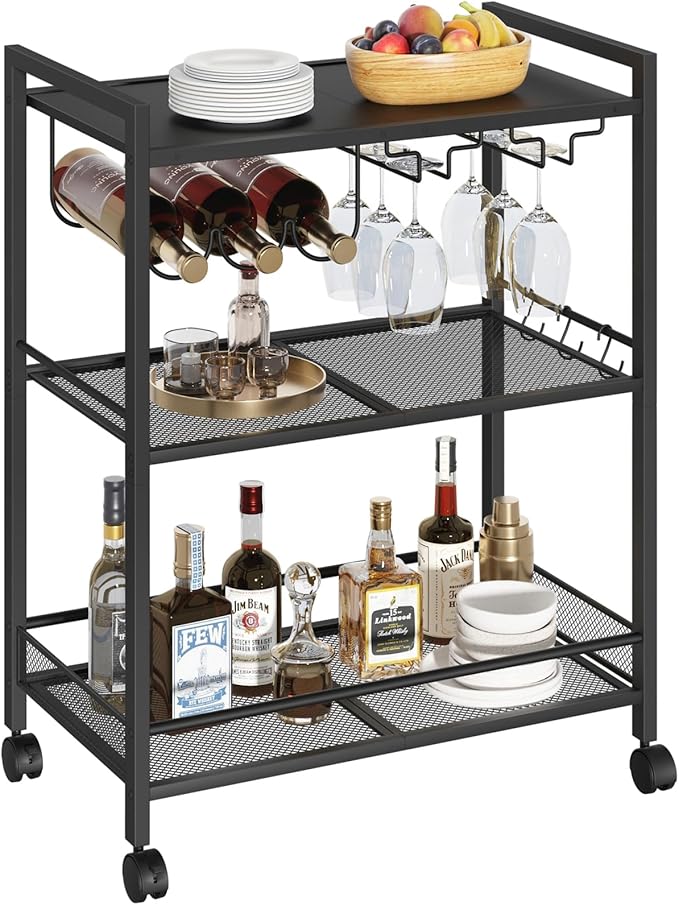 Bar Cart, Home Bar Serving Cart with 3-Tier Shelf,Microwave Cart with Lockable Wheels,Mobile Kitchen Shelf,Rolling Beverage Cart with Wine Rack and Glass Holder for Kitchen,Dinning Room,Black