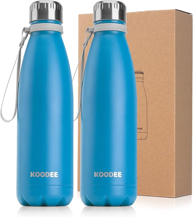koodee Insulated Stainless Steel Water Bottle 2 Pack Double Wall Vacuum Leak Proof Sports Water Bottle, 17 oz Cola Shape Travel Thermal Flask(Sky Blue)