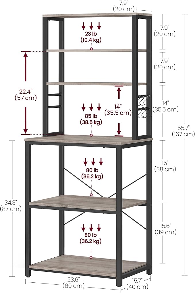 VASAGLE Coffee Bar, 23.6 Inches Baker's Rack for Kitchen with Storage, 6-Tier Kitchen Shelves with 6 Hooks, Microwave Stand, Industrial, Heather Greige and Ink Black UKKS024B02