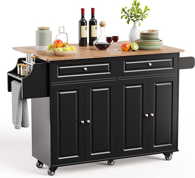 Kitchen Island with Storage, Kitchen Cart on 5 Universal Wheels, Mobile Kitchen Island with Rubber Wood Top and Side Rack (Black)