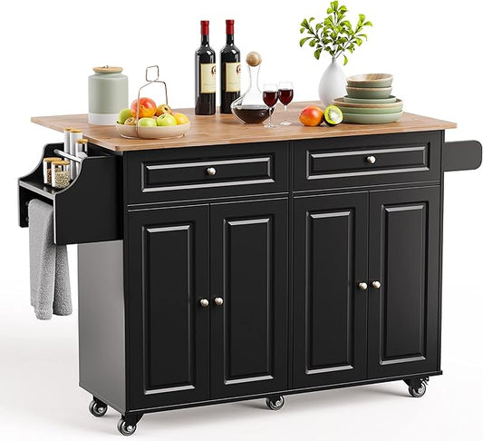 Kitchen Island with Storage, Kitchen Cart on 5 Universal Wheels, Mobile Kitchen Island with Rubber Wood Top and Side Rack (Black)