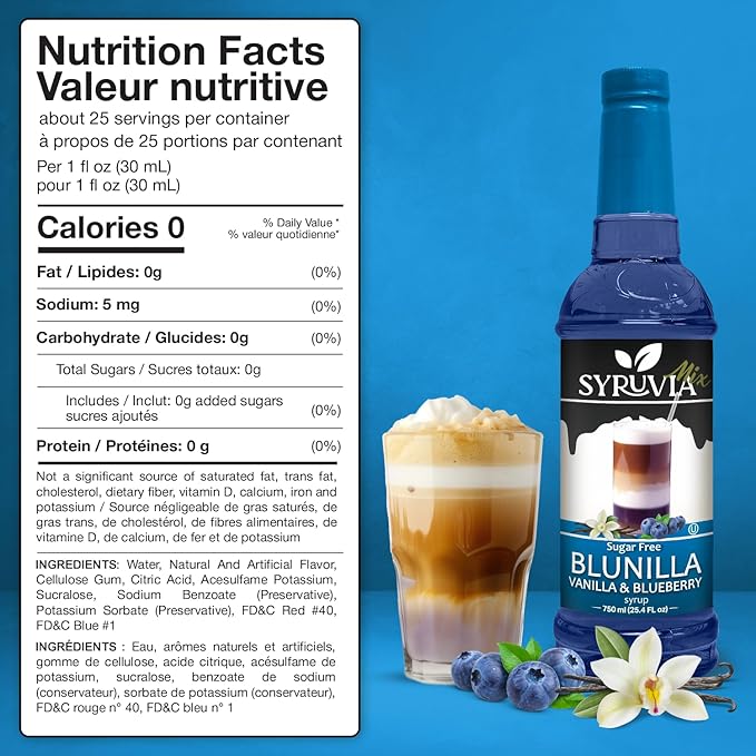 Syruvia Sugar Free Coffee Syrup, BLUNILLA Syrup, Vanilla Blueberry Flavored Syrup for Drinks, Lattes, and Desserts – 25.4 fl oz, With Pump