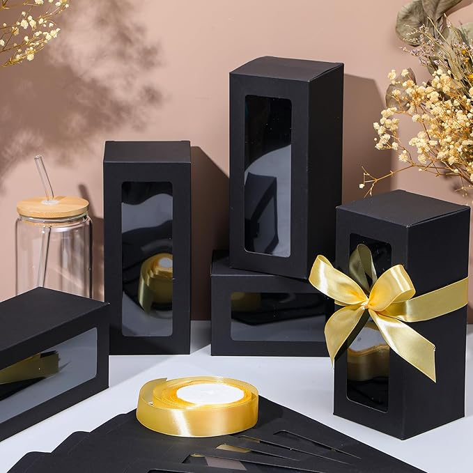 Honoson 24 Pcs Tumbler Gift Box with Ribbon for Sublimation Glass Exhibition Boxes Transparent for 12oz 16oz 20oz Drinking Cup Glasses Jars Mug Can Blanks(Black)