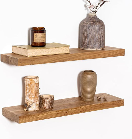 Fun Memories Wood Floating Shelves 24 Inch Long, Rustic Elm Wood Wall Shelves for Farmhouse, Living Room, Kitchen, Wall Mounted Bathroom Shelf Floating Shelf with Invisible Bracket Set of 2, Natural