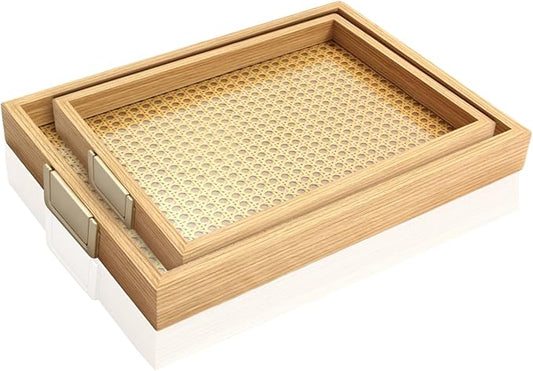 Rattan Woven mesh Wooden Tray, Metal Handle, 2-Piece Food and Beverage Tray, Coffee Table, Breakfast, Dinner and bar, Kitchen, Party (Rattan Weaving/Large+Small)