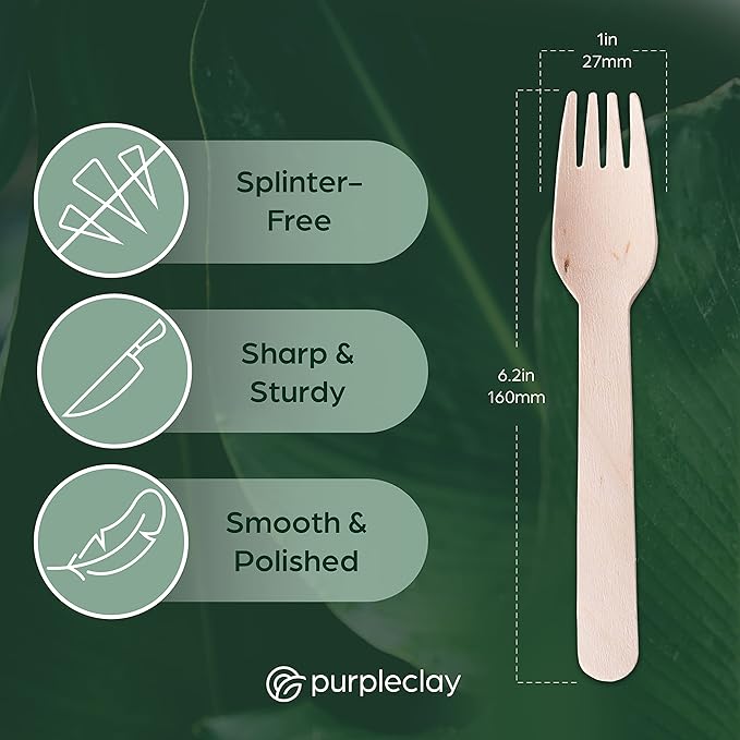 PURPLECLAY Wooden Disposable Forks (300 PCS) FSC Certified Wood Compostable Forks, Eco-Friendly Compostable Utensils for Party, Plastic-Free Wood Utensil, Bamboo Utensils Alternative, Fork for Eating