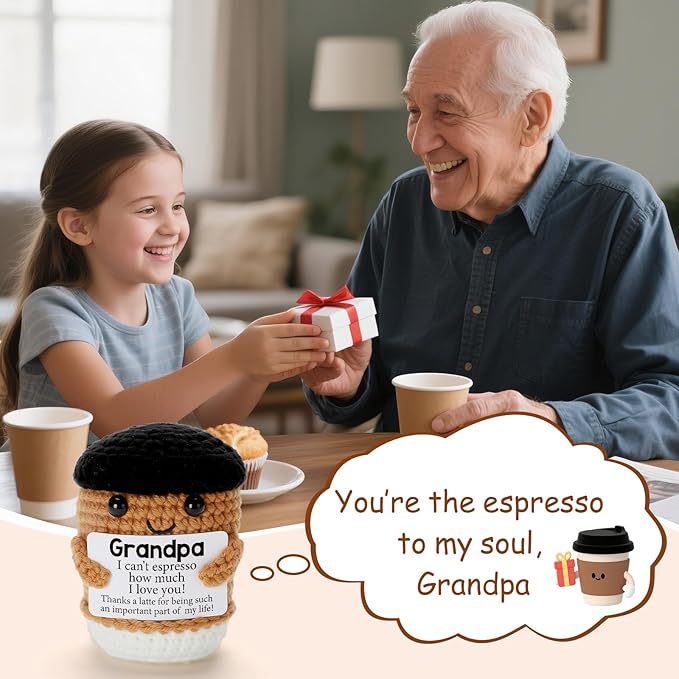 Mini Coffee Grandpa Gifts from Granddaughter Grandson Grandkids, Birthday Fathers Day Handmade Crochet I Love You Grandfather Gifts for Grandpa, Emotional Positive Crochet Coffee Decor Gift