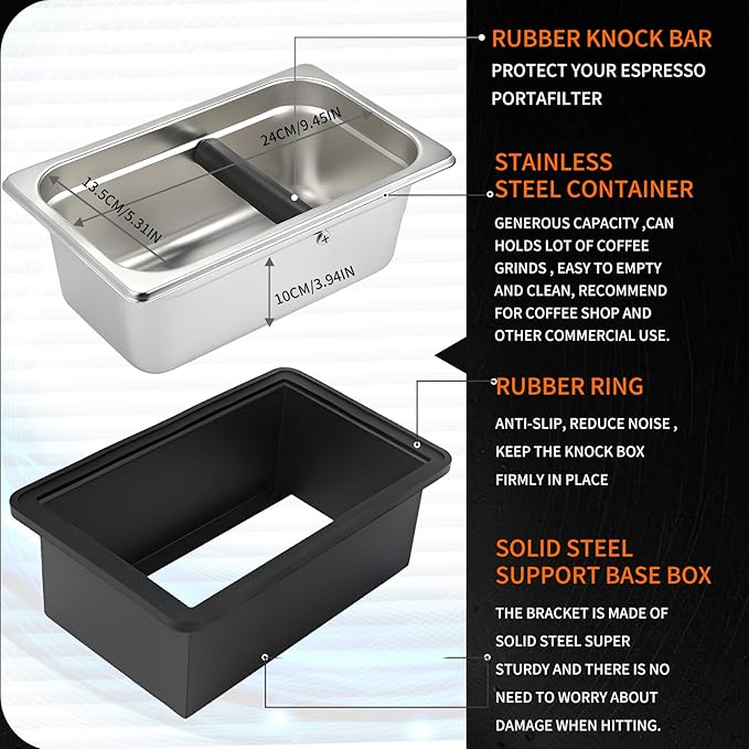 Espresso Knock Box,Large capacity Stainless Steel coffee knock box,espresso grounds knock box Suitable for use in cafés and homes(10.94 x 6.88 x 4.25 inch)