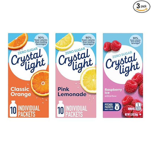 Crystal Light Drink Mix – Classic Orange On-The-Go with Vitamin C (10 CT), Pink Lemonade On-The-Go (10 CT) & Raspberry Ice Canister Drink Mix (Makes 12 Quarts) (Variety Pack)
