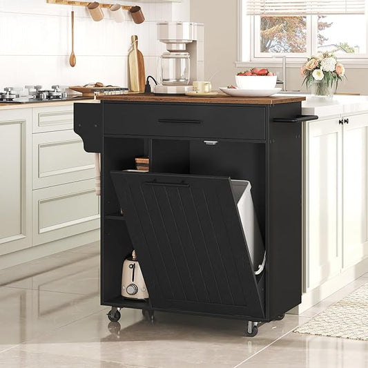 HOOBRO Kitchen Island with Trash Can Storage, Rolling Kitchen Island on Wheels, Mobile Island Cart with Power Outlet, Islands Table for 10 Gallon Garbage Bin, Rustic Brown and Black BF80UZD01G1