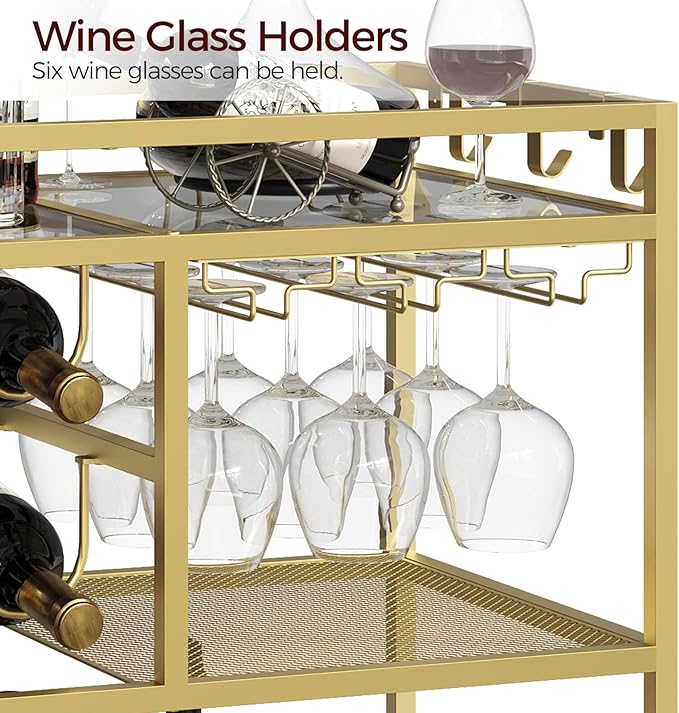 Bar Cart for Home, 3-Tier Serving Cart with Wheels and Handle, Beverage Cart with Wine Rack and Glass Holders, Rolling Wine Cart for Kitchen, Dining Room, Gold RCGD81B01