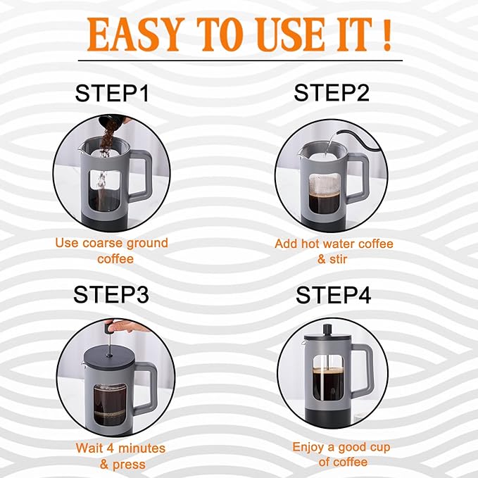 YOLIFE French Press Coffee Maker (12 oz), Camping Mini Coffee Press, Single Cup French Press, Heat-resistant Borosilicate Glass, Portable for Travel, Grey and Black