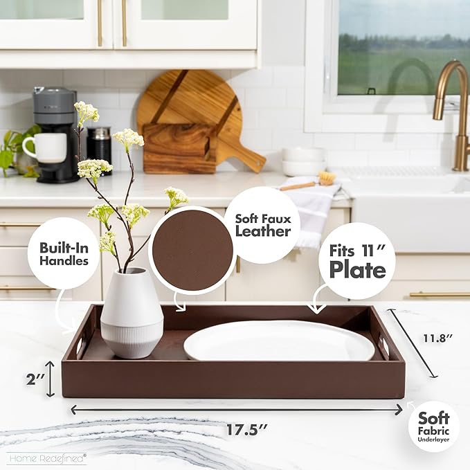 Beautiful Modern Elegant 17.5"x12" Rectangle Classic Brown Faux Leather Decorative Tray Ottoman Coffee Table Perfume Living Room Kitchen Serving Tray with Handles for All Occasion's