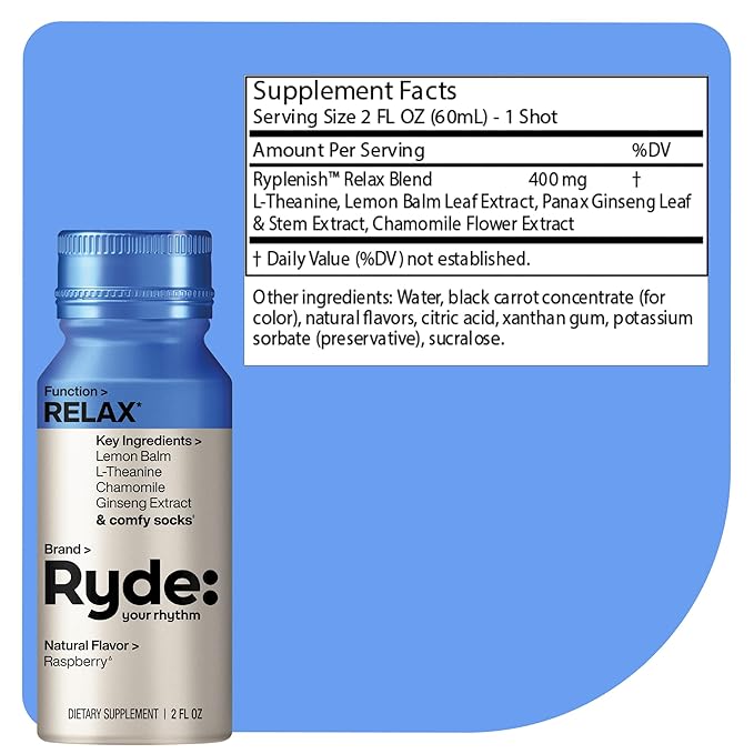 Ryde: Relax Shot | Raspberry Flavor | Lemon Balm, L-Theanine, Ginseng & Chamomile | 0 Calories, 0 Sugar | 2 FL OZ Shots | Helps You Relax* (8 Pack)
