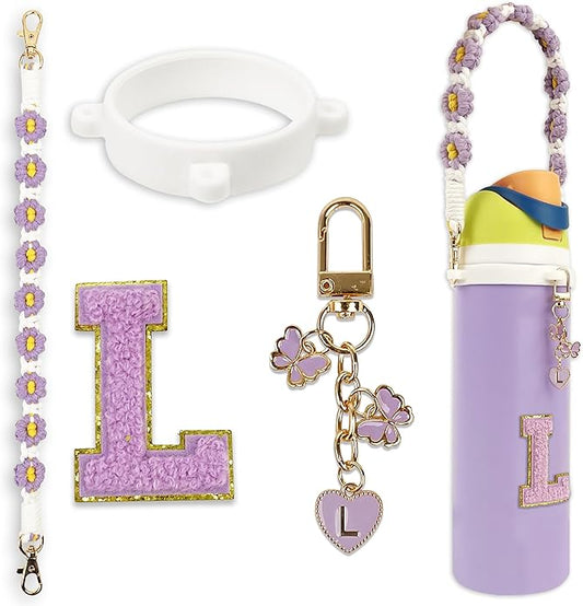 Compatible with Owala Water Bottle Accessories, Cute Letter Charm Set with Boho Handle Strap, Monogram Sticker, Silicone Ring, Keychain Decoration, for FreeSip 24 32 40oz, Owala Kids, Tumbler Gift