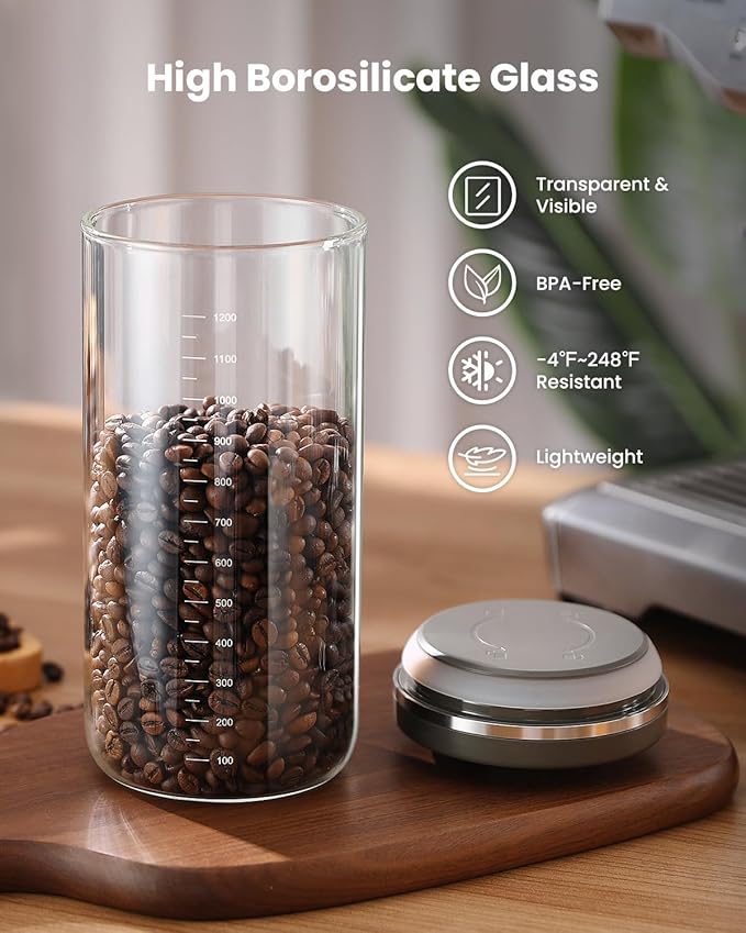Coffee Canister with Airtight Lid, One-Press Button Borosilicate Glass Coffee Container with PP Silicone Lid, Food Storage Container for Grounds Coffee, 1lb Beans, Flour, Cereal, Sugar