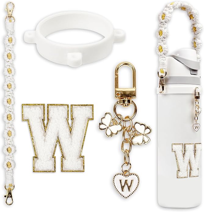 Compatible with Owala Water Bottle Accessories, Cute Letter Charm Set with Boho Handle Strap, Monogram Sticker, Silicone Ring, Keychain Decoration, for FreeSip 24 32 40oz, Owala Kids, Tumbler Gift
