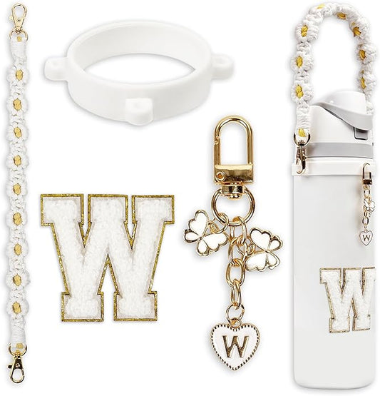 Compatible with Owala Water Bottle Accessories, Cute Letter Charm Set with Boho Handle Strap, Monogram Sticker, Silicone Ring, Keychain Decoration, for FreeSip 24 32 40oz, Owala Kids, Tumbler Gift