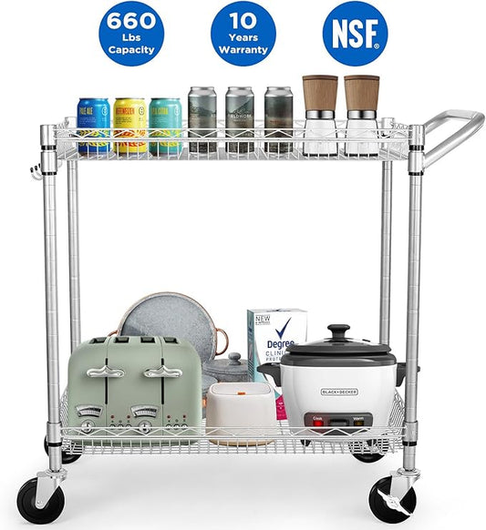 WDT 2 Tier Heavy Duty Utility Cart,NSF Rolling Carts with Wheels,660Lbs Capacity Storage Cart with Handle,Kitchen Carts on Wheels,Commercial Grade Metal Serving Cart with Shelves,35.63"x18.1"x 33.93"