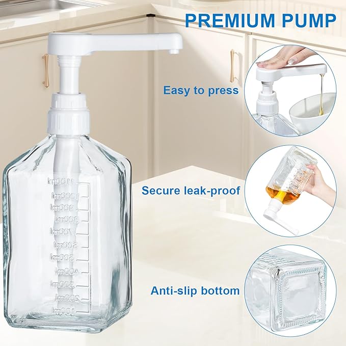 Uceoo Coffee Syrup Dispenser, Glass Syrup Bottle With Plastic Pump, 37 Oz Large Capacity Square Syrup Pump Dispensers for Coffee Bar, Simple Clear Pump Bottle for Honey, Condiments, Salad Dressings