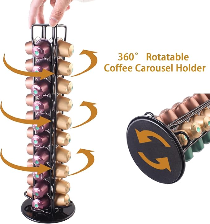 SEVENLINE Coffee Pod Holder Stand Compatible With Nespresso Original Pods Carousel Storage Rack Capsules Organizer For 40 Capsules (Black)