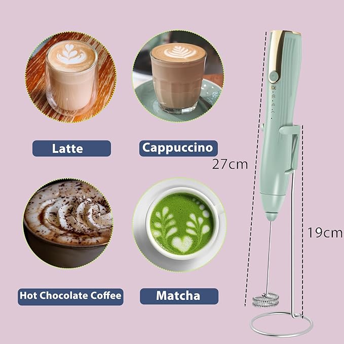 Rechargeable Milk Frother Handheld with Stand, Coffee Foam Frother Wand, Detachable Stainless Steel Whisk Drink Mixer for Coffee, Cappuccino, Lattes, Frappe, Matcha,Egg and Hot Chocolate, Green