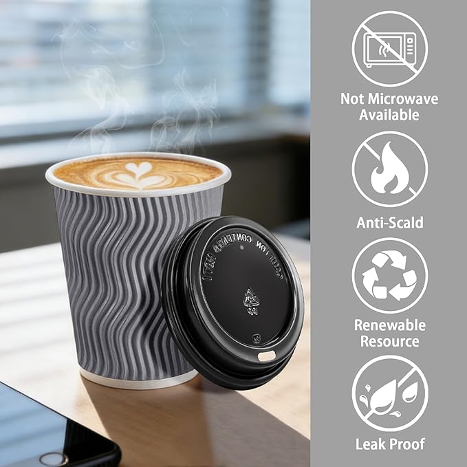 BYSNOW 500 Pack 12 oz Coffee Cups with Lids, Disposable Insulated Hot Cups To Go Paper Coffee Cups, Corrugated Ripple Wall Cup for Hot Drink, Office, Coffee Bar (Grey 12 oz)