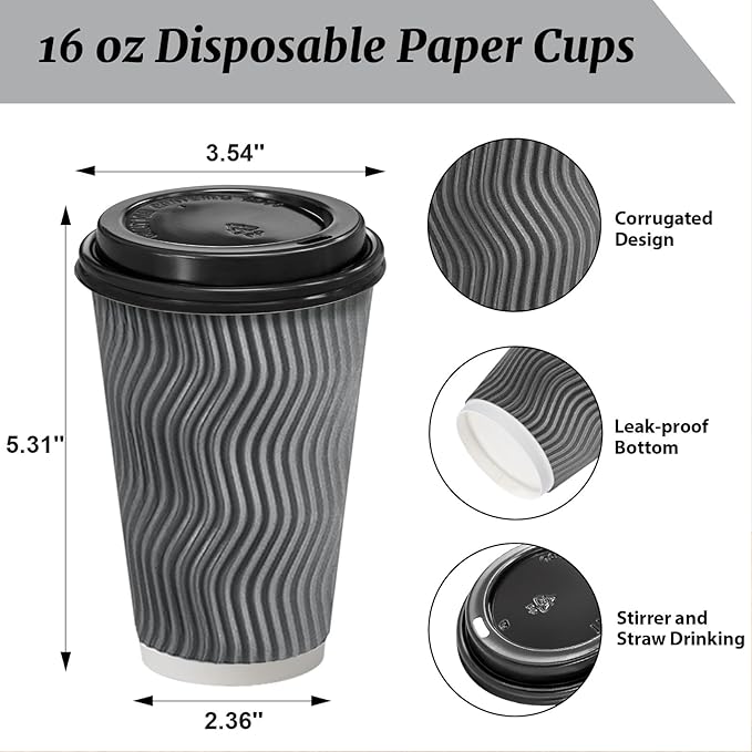 Clawsoff 100 Pack 16 oz Disposable Coffee Cups with Lids, Insulated Ripple Wall To-Go Paper Coffee Cups Suitable for Chocolate Cocoa and Hot/Cold Drinks (Grey)