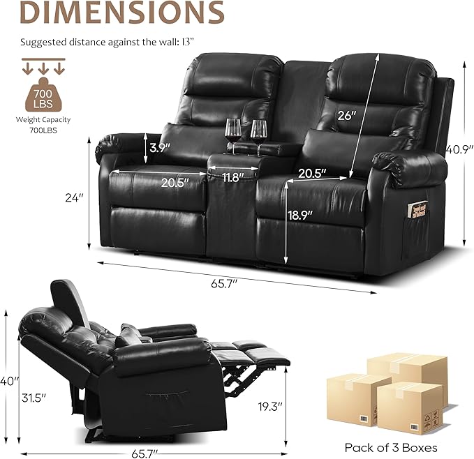DRMBOOK RV Loveseat Recliner Sofa with Console, Faux Leather Double Wall Hugger Reclining Couch Manual Home Movie Seating 2 Person Recliner Chair with Cup Holders/Storage/Pocket/Lumbar Pillow, Black