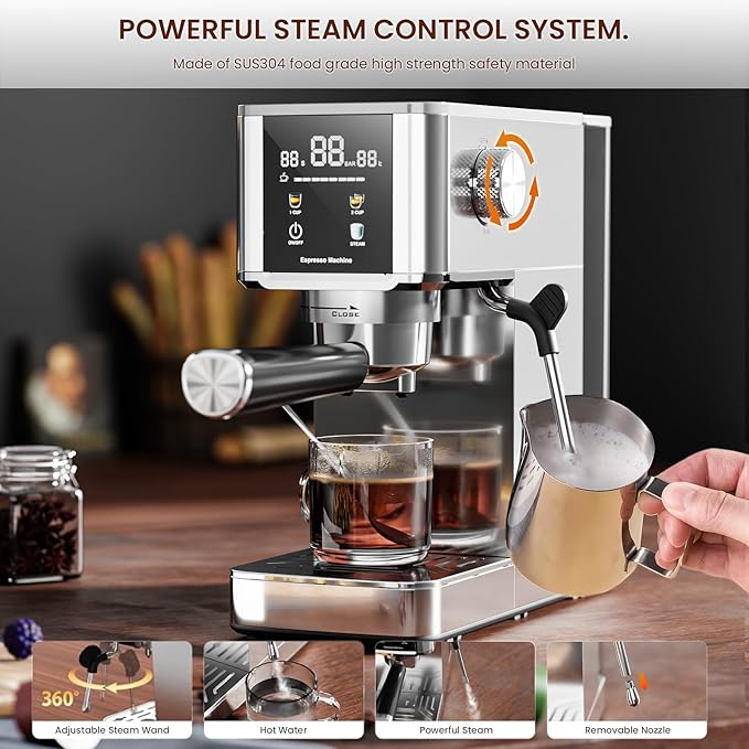 WAA 20 Bar Craft Barista-Grade Espresso, Upgraded 1350W Espresso Machine Stainless steel with Steam Frothing Wand, 1.2L Water Tank and Cup Warmer, Suitable for Espresso, Cappuccino and Latte (Silver)