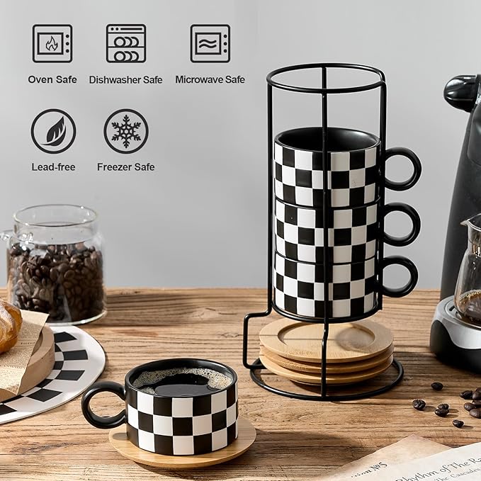 LUKA 6 Ounce Ceramic Stackable Black and White Checkered Espresso Cups with Saucers and Metal Stand Set of 4, Cappuccino Cups Set for Coffee Drinks, Latte, Cafe Mocha and Tea, Black Interior