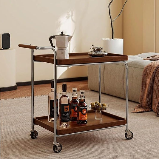 Mid Century Solid Wood Side Table,Rolling Cart,2 Tier Small End Table with Wheels,Mobile Side Table with Breathable Storage Basket,Suitable for Living Rooms,Kitchens,Bedrooms (Brown A)