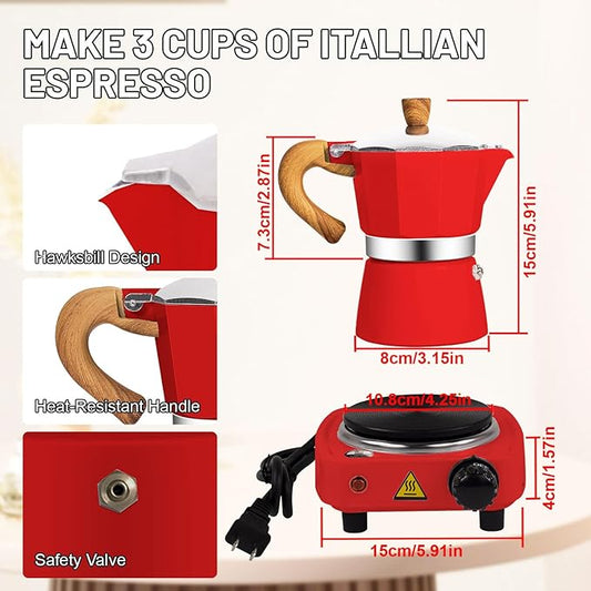 2-in-1 Moka Pot Espresso Set with Electric Stove 3 Cup Aluminum Stovetop Coffee Maker Percolator Italian Classic Mocha Coffee Machine for Italian and Cuban Cafe Brewing Portable Camping Red