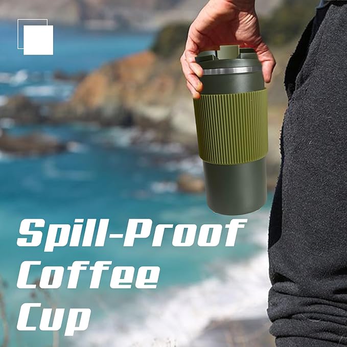 YINBAOGE Upgraded Insulated Travel Coffee Mug, Spill Proof & Leak Proof, Portable Camping Stainless Steel Tumbler, Reusable Thermal Coffee Cup with Lid for Hot & Cold Drinks (4th-Green, 15OZ)