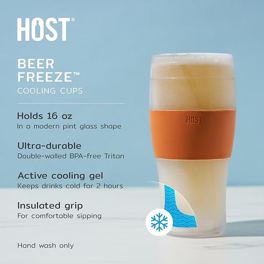 Host FREEZE Beer Glasses, Frozen Brew Mugs, Freezable Pint Glass Set, Insulated Beer Glass to Keep Your Drinks Cold, Double Walled Insulated Glasses, Gift for Dad, 16oz, Set of 2, Burnt Orange