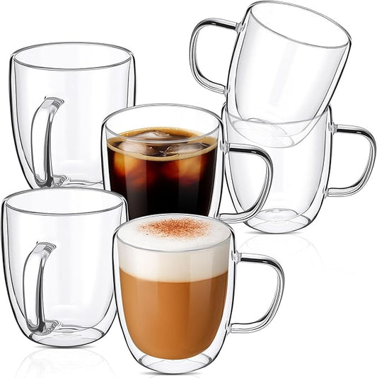 Patelai Pcs 16oz Clear Glass Coffee Mugs Double Walled Coffee Cups Glasses Insulated Latte Mugs with Handle Espresso Clear Cups for Cappuccino Tea, Heat Resistant Borosilicate Glasses for Home Bar