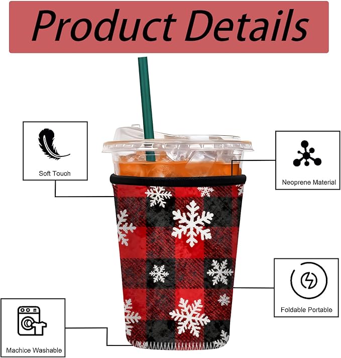 Neoprene Iced Coffee Sleeve 3 Pack, Reusable Insulated Cup Holder with Red Buffalo Plaid Snowflake Pattern, Fits 16–32 oz Tumblers, Compatible with Starbucks & Dunkin