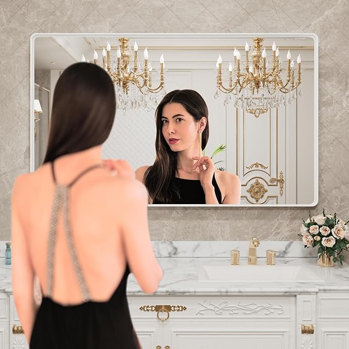 LOAAO 60x40 Inch White Metal Framed Bathroom Mirror for Wall, White Bathroom Vanity Mirror Farmhouse, Large Rounded Rectangle Mirror, Anti-Rust, Tempered Glass, Hangs Horizontally or Vertically