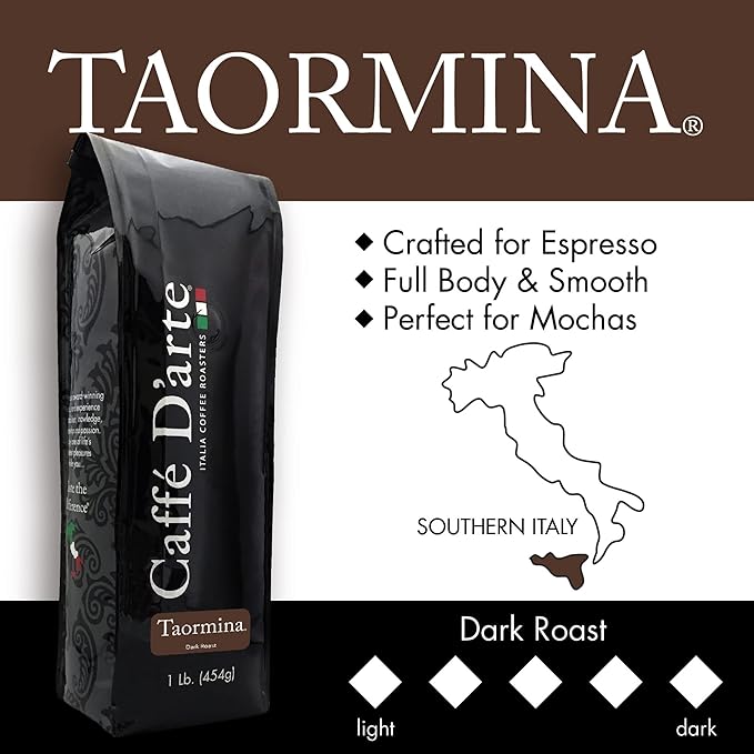 Caffe D'arte Taormina Whole Bean Espresso Coffee – Italian Roast, Full-Bodied & Smooth Flavor – Perfect for Espresso, Cappuccinos & Mochas - 1 Pound, Pack of 2