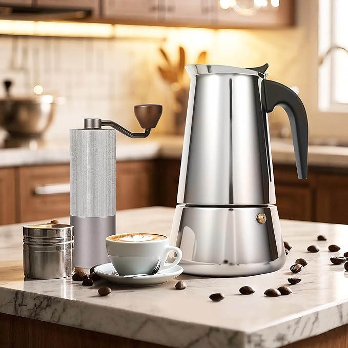 Suiitat Moka Pot, 9 Cups (15.9 oz) Stovetop Espresso Maker, 304 Stainless Steel Moka Pot, Induction Compatible, Silver